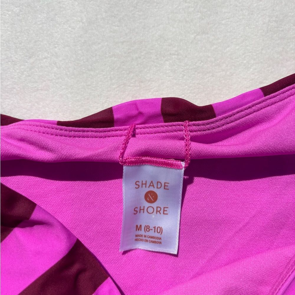 Shade & Shore High-Waist Bikini Bottom in Hot Pink and Burgundy Stripes - Picture 3 of 4